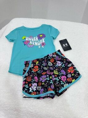 Under Armour Teal Short Sleeve Tee with Black Multicolor Floral Shorts